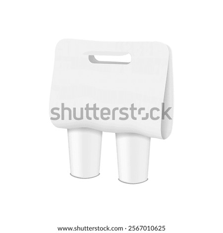 Blank white paper takeaway to go coffee cup carrier with die cut handle. 3d vector mock-up. Foldable paperboard two drink holder. Realistic mockup. Template for design