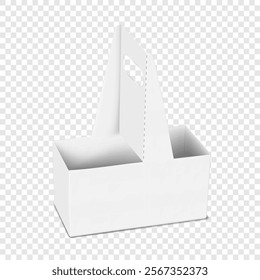 Blank white paper takeout drink carrier with cut out handle. 3d mockup. Paperboard 2 cup holder for coffee, tea, other beverage to go. Realistic vector mock-up. Template for design