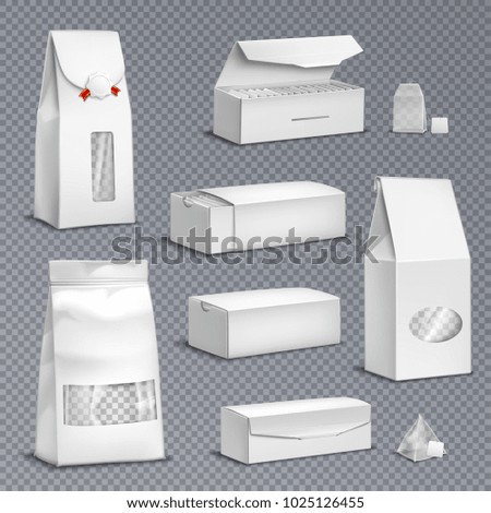 Blank white paper tea bags and loose leaves packs boxes packages realistic set transparent background vector illustration 