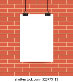 Blank white paper vertical poster hanging on red brick wall with clips, cords and shadow, vector template mockup