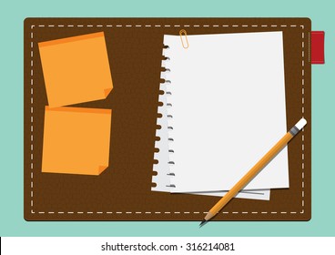 Blank white paper and yellow stick note on leather board in flat design. Vector Illustration