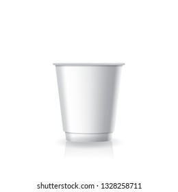 Blank white paper-plastic coffee-tea cup in small size mockup template. Isolated on white background with reflection shadow. Ready to use for brand design. Vector illustration.