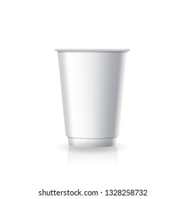 Blank white paper-plastic coffee-tea cup in medium size mockup template. Isolated on white background with reflection shadow. Ready to use for brand design. Vector illustration.