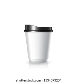 Blank white paper-plastic coffee-tea cup with black lid in small size mockup template. Isolated on white background with reflection shadow. Ready to use for brand design. Vector illustration.
