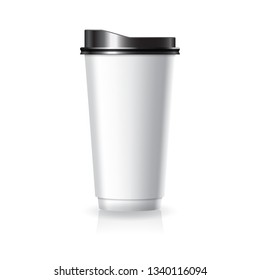 Blank white paper-plastic coffee-tea cup with black lid in large size mockup template. Isolated on white background with reflection shadow. Ready to use for brand design. Vector illustration.