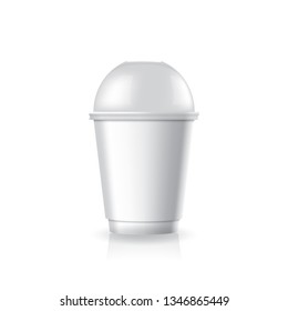 Blank white paper-plastic coffee-tea cup with clear dome lid in small size mockup template. Isolated on white background with reflection shadow. Ready to use for brand design. Vector illustration.