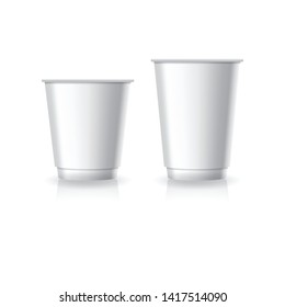 Blank white paper-plastic coffee-tea cup in small and medium size mockup template. Isolated on white background with shadow. Ready to use for brand design. Vector illustration.