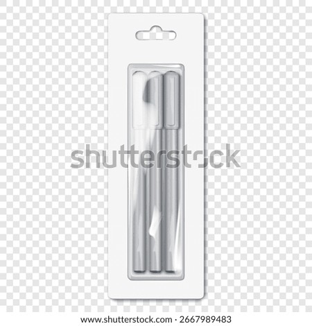 Blank white pen set packed in clear plastic blister box with euro hole. Realistic vector mockup. Three pens with caps pack. 3d mock-up. Easy editable template