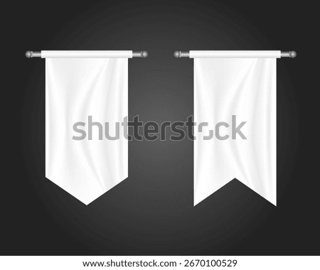 Blank white pennant banner vector set with pointed and swallowtail shapes, perfect for advertising and heraldic designs, featuring a realistic fabric texture and hanging on a black background