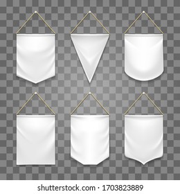 Blank white pennant set. Different shape textile pennant banners set on transparent background, empty vertical realistic hanging flags or trophy fabric symbols vector illustration