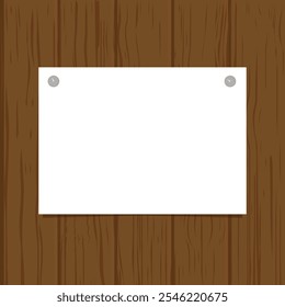 A blank white piece of paper pinned to a wooden surface with two thumbtacks. Template illustration for notices, announcements or messages