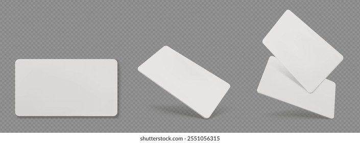 Blank white plastic cards mockup shown in three different positions - flat front view, tilted perspective and two stacked overlapping. Realistic 3d template for credit or gift loyalty program cards