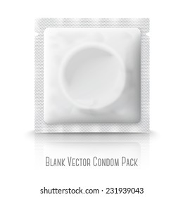 Blank white plastic condom pack, isolated on white background with reflection. With place for your design and branding. Vector