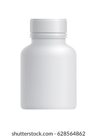 Blank white plastic drug container isolated on white background vector illustration. Packaging design element for branding.