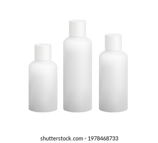 Blank white plastic hdpe bottle for cosmetics of various sizes big, medium and small on white background mockup. Vector eps10