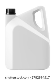 Blank white plastic jerry can. Canister with handle isolated on white background, Empty container mockup for liquid product packaging, cleaning solution, chemical. Realistic 3d vector illustration.