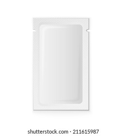 Blank white plastic sachet for coffee, sugar, salt, spices, medicine, condoms, drugs, isolated on grey background with place for your design and branding. Vector