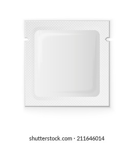Blank white plastic sachet for medicine, condoms, drugs, coffee, sugar, salt, spices, isolated on grey background with place for your design and branding. Vector