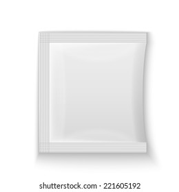 Blank white plastic sachet for medicine, condoms, drugs, coffee, sugar, salt, spices, isolated on grey background with place for your design and branding. Vector