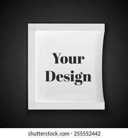 Blank white plastic sachet for medicine, condoms, drugs, coffee, sugar, salt, spices, isolated on grey background with place for your design and branding., excellent vector illustration, EPS 10