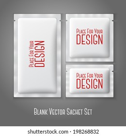 Blank white plastic sachets for coffee, sugar, salt, spices, medicine, condoms, drugs, isolated on grey background with place for your design and branding. Vector