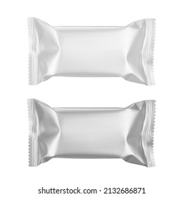 Blank white plastic and silver metallic mockup candy foil packs for packaging design. Realistic vector illustration isolated on white background