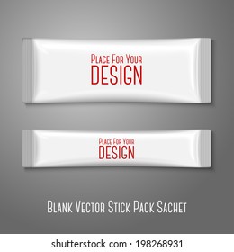 Blank white plastic stick pack for coffee, sugar, salt, spices, isolated on grey background with place for your design and branding. Vector