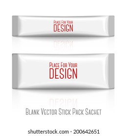 Blank white plastic stick pack for coffee, sugar, salt, spices, isolated on white background with reflection . With place for your design and branding. Vector