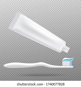 Blank white plastic toothpaste tube with drop of squeezing paste on toothbrush, realistic mockup vector illustration isolated on transparent background.