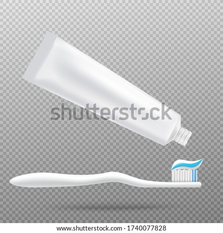 Blank white plastic toothpaste tube with drop of squeezing paste on toothbrush, realistic mockup vector illustration isolated on transparent background.