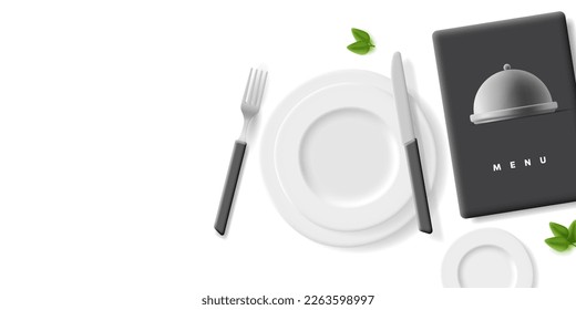 Blank white plates with cutlery and menu book for restaurant and cafe food design and advertising. Modern 3D rendering, top view.