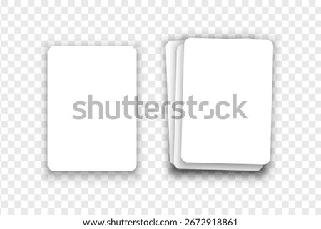 Blank white playing card and deck of cards in top view. Playcard templates isolated on transparent background. Poker game concept. Empty discount ot gift coupons. Vector realistic illustration.