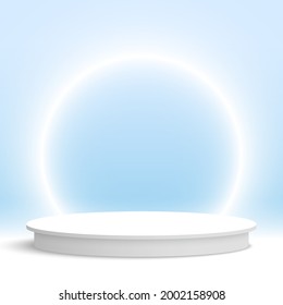 Blank white podium with glowing ring. Round pedestal. Cosmetic products display platform. 3d render stage. Exhibition stand. Vector illustration.