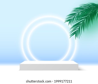 Blank white podium with palm leaves and glowing rings. Square pedestal. Cosmetic products display platform. 3d render stage. Exhibition stand. Vector illustration.