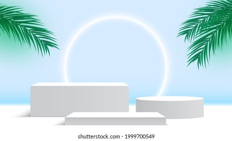 Blank white podium with palm leaves and glowing ring. Pedestal. Cosmetic products display platform. 3d render stage. Exhibition stand. Vector illustration.