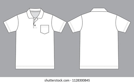 Blank White Polo Shirt With One Pocket Template on Gray Background. Front and Back Views, Vector File