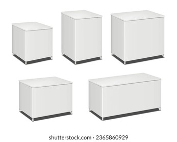 Un mostrador de exposición blanco y portátil con patas metálicas. Juego de simulación de vectores. Kit de simulación de pantalla de mesa promocional