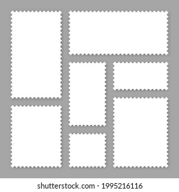 Blank white postage stamps collection. Sticky paper stamp. Vector illustration.