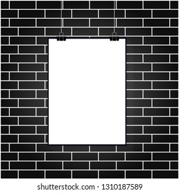 Blank white poster hanging on black brick wall. Vector.