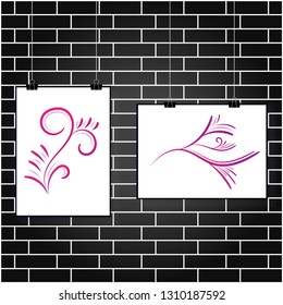 Blank white poster hanging on black brick wall. Vector.