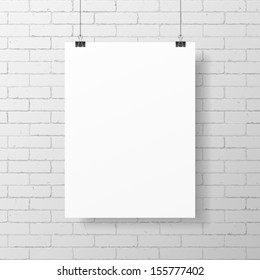 Blank White Poster Hanging On Brick Wall. Vector.