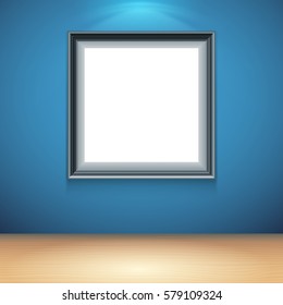 Blank white poster on blue wall in museum or gallery interior. Poster mock-up template