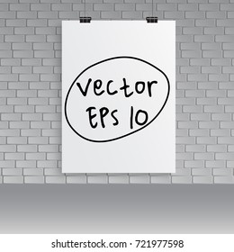 Blank white poster on brick wall. Vector Illustration.