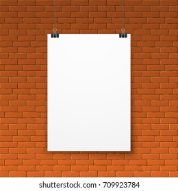 Blank white poster on red brick wall. Paper frame empty template, vector illustration