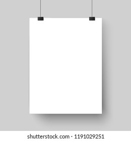 Blank White Poster Template. Affiche, Paper Sheet Hanging On Wall. Vector Advertising Banner Mockup Stand Exhibit, Empty Picture Billboard Page For Printing