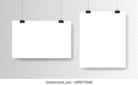 Blank white poster template on transparent background. Affiche, paper sheet hanging on a clip. Vector advertising banner mockup stand exhibit.