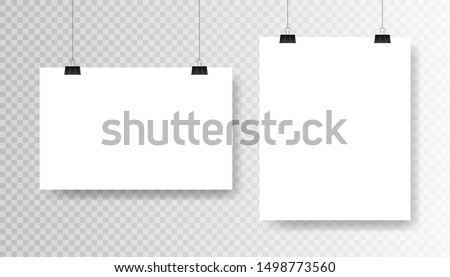 Blank white poster template on transparent background. Affiche, paper sheet hanging on a clip. Vector advertising banner mockup stand exhibit.