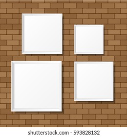 Blank white posters on the brick wall. Blank canvases. Realistic mockup. Vector Illustration.