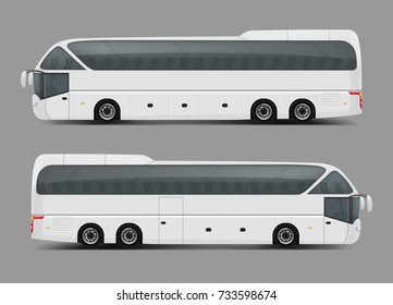 Blank White Private Charter, Tour Or Coach Bus Right And Left Side View Realistic Vector Template. Modern Commercial Passenger Travel Or Tourist Transport Ready For Brand, Corporate Ad Mockup Design