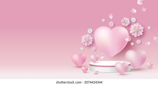 Blank white product podium and hearts with flowers on pink background 3D vector illustration